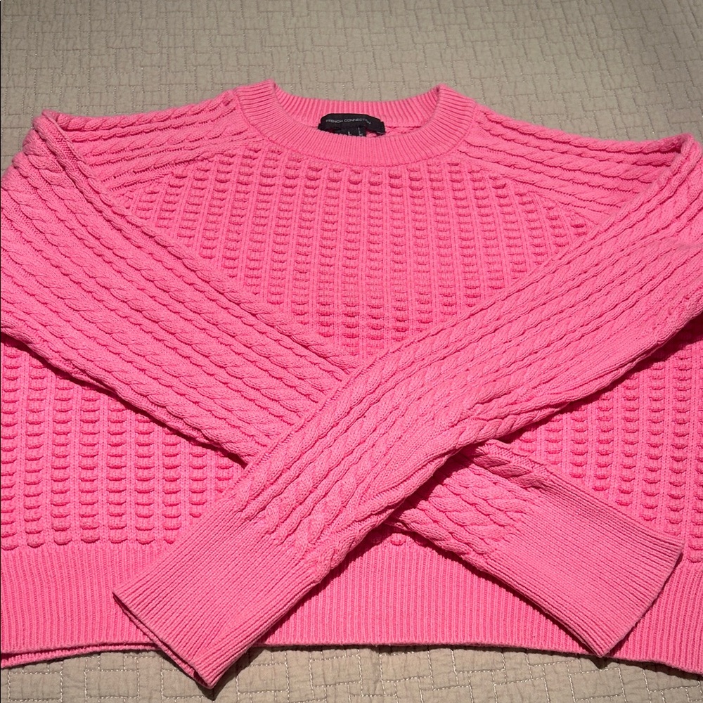 French Connection Bright Pink Cable Crewneck Sweater